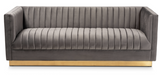 Grey Channel Back Velvet Sofa with Gold Metal Base