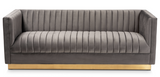Grey Channel Back Velvet Sofa with Gold Metal Base