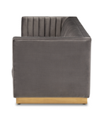 Grey Channel Back Velvet Sofa with Gold Metal Base