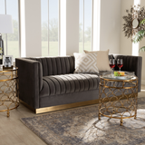 Grey Channel Back Velvet Sofa with Gold Metal Base