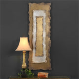 Heavily oxidized rough cut sheet metal layered to create a 3-dimensional panel in tones of antique bronze, silver, and gold. May be hung horizontally or vertically.