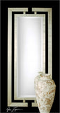 stately mirror features dual wooden frames attached at the top and bottom with a scratched silver leaf finish