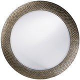 This round, resin mirror is highlighted with metallic touches. It has textured pieces that stick up giving the piece dimension and adds a starburst effect. This mirror is large and bold. It is great for large wall spaces that needs a dramatic piece.