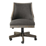 curved back design in warm charcoal gray linen, accented by polished nickel nail head trim