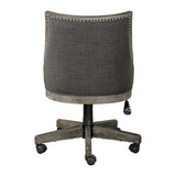 curved back design in warm charcoal gray linen, accented by polished nickel nail head trim