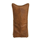 thick top grain nubuck leather slipcover chair in a distressed worn cognac with a tailored double stitched design and casual flange edges