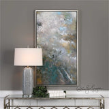 hand painted artwork on canvas attached to wooden stretchers and surrounded by a silver gallery frame