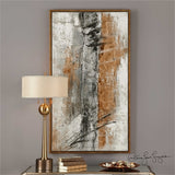 hand painted artwork on canvas attached to wooden stretchers and surrounded by a golden bronze gallery frame