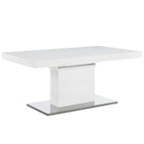 Reimagine your dining decor with the Casper Expandable Dining Table. Tailored for all occasions from intimate dining to festive gatherings, haute cuisine, and home cooking shines equally atop Casper’s high gloss white laminate surface. Featuring durable fiberboard construction, a polished stainless steel base, a butterfly leaf with a lock that collapses inside the distinguished columnal base with ease, and felt pads to help protect your flooring