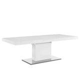 Reimagine your dining decor with the Casper Expandable Dining Table. Tailored for all occasions from intimate dining to festive gatherings, haute cuisine, and home cooking shines equally atop Casper’s high gloss white laminate surface. Featuring durable fiberboard construction, a polished stainless steel base, a butterfly leaf with a lock that collapses inside the distinguished columnal base with ease, and felt pads to help protect your flooring