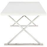 Create a space that is distinct from its surroundings with the Franklin Dining Table. With its clean lines and distinguished look, Franklin was designed to rest at the forefront of many worthwhile endeavors. Made of durable fiberboard coated in a high gloss white laminate, a polished stainless steel X-base, and felt pads to help protect your flooring