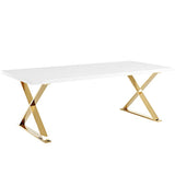 Create a space that is distinct from its surroundings with the Franklin Dining Table. With its clean lines and distinguished look, Franklin was designed to rest at the forefront of many worthwhile endeavors. Made of durable fiberboard coated in a high gloss white laminate, a polished stainless steel X-base, and felt pads to help protect your flooring