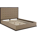 The Pippin II Modern Bed boast modern style and simplicity. Made with a wood frame upholstered in fabric, Pippin II Modern Bed lays snug on your floor with solid wood slats and a center supporting bar featuring two support legs for ultimate stability. Due to the wooden slat support system, the use of a box spring is unnecessary. The tufted headboard and bold chic look are perfect for the modern bedroom. Mattress not included
