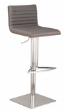 Catherine Adjustable Brushed Stainless Steel Barstool in Gray Faux Leather with Walnut