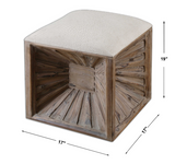 Cube of Wood Ottoman with Linen Top
