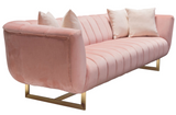 Ribbed Modern Sofa Blush Velvet with Gold Legs