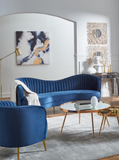 Camel Back Velvet Sofa Blue with Gold Legs
