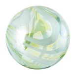 3 dimensional glass wall art in blue, yellow, lime green colored glass. Modern