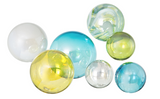3 dimensional glass wall art in blue, yellow, lime green colored glass. Modern
