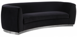 The Shell curved sofa features beautifully upholstered velvet with a shiny chrome stainless steel base. Using the highest quality velvets this set is sure to stun your guests. The curved sofa is gracious and visually makes small spaces appear larger. Add some flair to your living area with this stunning sofa.