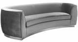The Shell curved sofa features beautifully upholstered velvet with a shiny chrome stainless steel base. Using the highest quality velvets this set is sure to stun your guests. The curved sofa is gracious and visually makes small spaces appear larger. Add some flair to your living area with this stunning sofa.