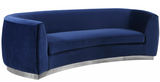 The Shell curved sofa features beautifully upholstered velvet with a shiny chrome stainless steel base. Using the highest quality velvets this set is sure to stun your guests. The curved sofa is gracious and visually makes small spaces appear larger. Add some flair to your living area with this stunning sofa.