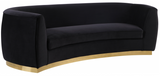 The Shell II curved sofa is the perfect mix of velvet and gold stainless steel comes to life in your space with this curved Sofa. This bold velvet sofa comes upholstered in rich, Sumptuous-to-the-touch velvet to make a fashionable statement in your space. The curved back design lends it a modish touch, and the gold stainless steel trim around its base adds to its glitzy appeal. Stage this sofa alone or with other pieces to wow your guest.