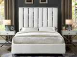 Create a bold yet welcoming sanctuary in your bedroom with this Roxx Velvet  Bed. The chrome channel design features velvet fabric upholstery for a sleek, glamorous look. The chrome legs provide support for the plank-style base, ensuring durability and long-lived beauty. Full slats are included, making setup easy and quick. No box spring is required with this bed, so you can use it with your choice of mattress.
