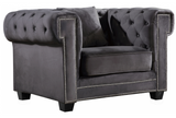 The Oak Modern Accent chair is a great choice to add to your contemporary living room. The Velvet Upholstery, deep tufts, and chrome nailhead trim works well together to provide a beautiful seating collection. Modern and stately.  Works great in modern and transitional interiors.  Several colors available.
