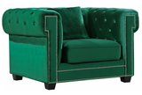 The Oak Modern Accent chair is a great choice to add to your contemporary living room. The Velvet Upholstery, deep tufts, and chrome nailhead trim works well together to provide a beautiful seating collection. Modern and stately.  Works great in modern and transitional interiors.  Several colors available.