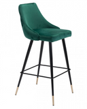 The Marlo barstool is sleek and savvy.  The velvet upholstery complements the black metal frame which is accented by gold tips.  If fashion is your passion, then this bar chair is for you. Make a statement around your kitchen island or in your bar area. Its tapered back with button tufting is easy on the eyes and gorgeous from every angle. Support slats provide a comfortable footrest while seated. Slim pencil legs end in brushed brass, giving it an elegant finish.