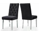 This chair has a parson's design for a sleek, contemporary look with just a hint of traditional flair. The stainless steel base is sturdy and strong, so it holds up well to everyday use. A robust chrome finish lends it modern elegance, while navy velvet upholstery is plush and welcoming, ensuring you stay comfortable all throughout the meal. 3 color available.  Sold and priced in S/2