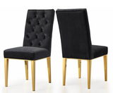 The Jamie Dining Chair S/2 Gold.  This chair has a parson's design for a sleek, contemporary look with just a hint of traditional flair. The stainless steel base is sturdy and strong, so it holds up well to everyday use. A robust gold finish lends it modern elegance, while the velvet upholstery is plush and welcoming, ensuring you stay comfortable all throughout the meal. 3 colors available.  Sold and priced in S/2