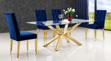 The Jamie Dining Chair S/2 Gold.  This chair has a parson's design for a sleek, contemporary look with just a hint of traditional flair. The stainless steel base is sturdy and strong, so it holds up well to everyday use. A robust gold finish lends it modern elegance, while the velvet upholstery is plush and welcoming, ensuring you stay comfortable all throughout the meal. 3 colors available.  Sold and priced in S/2