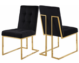 The Quaid Dining Chair has a Hollywood glam look that will take your dining area to another level. Pair this chair with the Quaid Dining Table to complete the look. A boxy geometric shape makes this chair an uber modern addition to your space, while a base of stainless steel makes it durable and tough, so it holds up to heavy daily use. The gold tone finish on the base contrasts nicely with the velvet upholstery used on the seat and back. Heavy tufting adds to the rich appeal of this beautiful design.