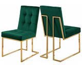 The Quaid Dining Chair has a Hollywood glam look that will take your dining area to another level. Pair this chair with the Quaid Dining Table to complete the look. A boxy geometric shape makes this chair an uber modern addition to your space, while a base of stainless steel makes it durable and tough, so it holds up to heavy daily use. The gold tone finish on the base contrasts nicely with the velvet upholstery used on the seat and back. Heavy tufting adds to the rich appeal of this beautiful design.
