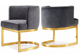 The Surround Dining Chair is retro and modern. The back of the chair has a barrel design that cradles you in comfort while you enjoy a meal with friends, and the chair is thickly padded and upholstered in plush grey velvet for a luxe feel. The base is made from stainless steel with a chrome finish or Gold for a finish that's stunningly beautiful.