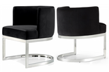 The Surround Dining Chair is retro and modern. The back of the chair has a barrel design that cradles you in comfort while you enjoy a meal with friends, and the chair is thickly padded and upholstered in plush grey velvet for a luxe feel. The base is made from stainless steel with a chrome finish or Gold for a finish that's stunningly beautiful.