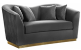 The Slope Modern Sofa Collection is graceful and stylish. This handsome sofa is upholstered in velvet for a glamorous touch and is accented with gold stainless steel around its base for a touch of modernity. Its curvy back gives it a graceful look in your living room or den, and it comes with coordinating throw pillows that beckon you to sit down and rest (or nap) for a spell.