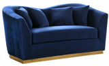 The Slope Modern Sofa Collection is graceful and stylish. This handsome sofa is upholstered in velvet for a glamorous touch and is accented with gold stainless steel around its base for a touch of modernity. Its curvy back gives it a graceful look in your living room or den, and it comes with coordinating throw pillows that beckon you to sit down and rest (or nap) for a spell.