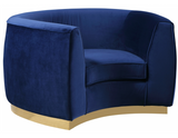 The Shell Accent Chair comes upholstered in rich, sumptuous-to-the-touch velvet in a unique offering of color to make a fashionable statement in your space. The unexpected color creates a cheery feel and stands out amid other neutral colors in your existing decor. The curved back design lends it a modish touch, and the gold stainless steel trim around its base adds to its glitzy appeal. Or the sleek stainless steel base if you prefer.