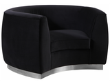 The Shell Accent Chair comes upholstered in rich, sumptuous-to-the-touch velvet in a unique offering of color to make a fashionable statement in your space. The unexpected color creates a cheery feel and stands out amid other neutral colors in your existing decor. The curved back design lends it a modish touch, and the gold stainless steel trim around its base adds to its glitzy appeal. Or the sleek stainless steel base if you prefer.