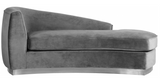 The Shell Curved Chaise Lounge comes upholstered in rich, sumptuous-to-the-touch velvet to make a fashionable statement in your space.The curved back design lends it a modish touch, and the chrome stainless steel trim around its base adds to its glitzy appeal. Great in a bedroom or lounger are or even use 2 across form each other for a "Yin Yang" Feel
