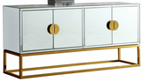 The Modera Modern Mirrored Sideboard is the optimal storage solution. This handsome yet modish buffet offers a sleek contemporary look for your modern dining room or elsewhere with low-profile hardware and a boxy shape. The stainless steel base adds to its durability, while the mirrored design ensures that it keeps pace with up-to-the-minute decor. Store cookware, serving ware and more inside two double door sections to keep your space tidy and neat.