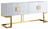 The Givency Modern Sideboard boast modern style. This indispensable piece is a modern marvel with its contemporary design featuring black or white lacquer with a gold or chrome stainless steel trim and base. Open the doors to reveal a large area that's suitable for storing everything from serving bowls to out-of-season dinnerware.