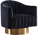 The Channel Modern Swivel Chair invites you to Relax and unwind. A beautifully modern design with hints of retro flair epitomize this lovely chair, which rests on a stainless steel base that's finished in chrome for a sleek, modern touch. The velvet upholstery gives the chair a sumptuous look, while beveled tufting lends it a plush, welcoming feel and keeps the foam inside aloft. For added fun, the chair swivels from side to side.