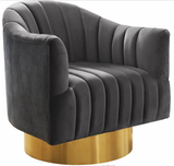 The Channel Modern Swivel Chair invites you to Relax and unwind. A beautifully modern design with hints of retro flair epitomize this lovely chair, which rests on a stainless steel base that's finished in chrome for a sleek, modern touch. The velvet upholstery gives the chair a sumptuous look, while beveled tufting lends it a plush, welcoming feel and keeps the foam inside aloft. For added fun, the chair swivels from side to side.