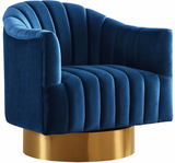 The Channel Modern Swivel Chair invites you to Relax and unwind. A beautifully modern design with hints of retro flair epitomize this lovely chair, which rests on a stainless steel base that's finished in chrome for a sleek, modern touch. The velvet upholstery gives the chair a sumptuous look, while beveled tufting lends it a plush, welcoming feel and keeps the foam inside aloft. For added fun, the chair swivels from side to side.