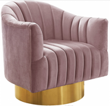 The Channel Modern Swivel Chair invites you to Relax and unwind. A beautifully modern design with hints of retro flair epitomize this lovely chair, which rests on a stainless steel base that's finished in chrome for a sleek, modern touch. The velvet upholstery gives the chair a sumptuous look, while beveled tufting lends it a plush, welcoming feel and keeps the foam inside aloft. For added fun, the chair swivels from side to side.