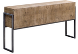 The Block Console table is a clean contemporary accent, featuring mahogany solids with mindi veneer, finished in a hand applied light oatmeal wash. Veneer is applied in a layered fashion, creating the varying grain patterns on the body, set into an aged iron frame.